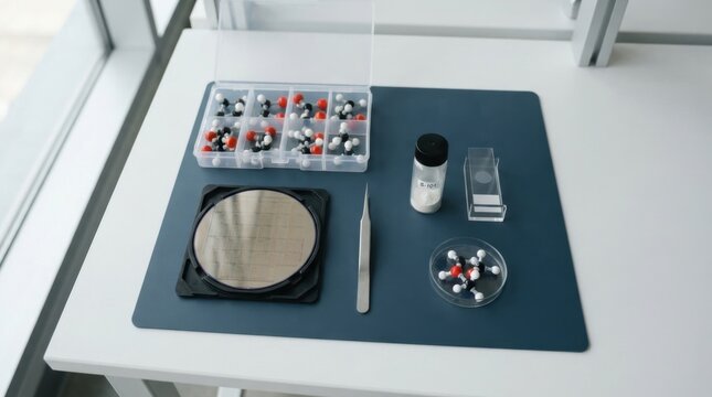Molecular modeling kit, silicon wafer, antistatic tweezers, sample vial, acrylic stand, and esd mat on a white laboratory bench