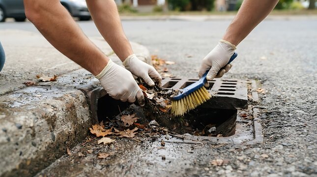 Hands in gloves clearing storm drain debris with brush during daylight on street