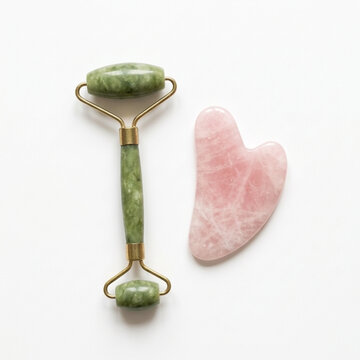 Jade Facial Roller and Rose Quartz Gua Sha Stone for Skincare and Beauty Treatment