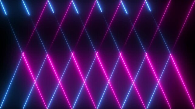 Vibrant pink and blue neon laser lines moving in geometric diamond patterns abstract background animation