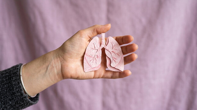 Hand holds delicate pink lungs model representing health respiratory care and medical concepts on soft purple background