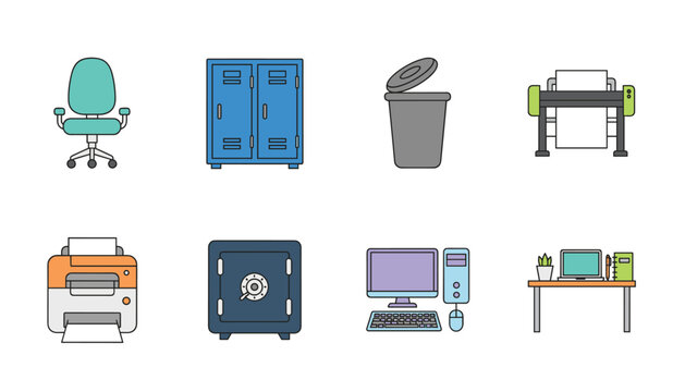 Set of office furniture and equipment icons including a chair lockers trash bin large printer desktop computer and workstation desk.
