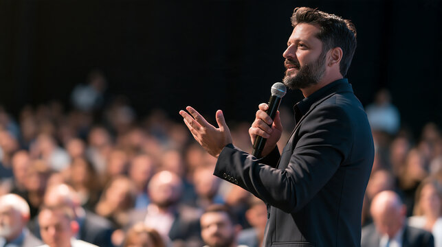 male speaker in a dark shirt gesturing while addressing a large audience at a conference business seminar public speaking and corporate event concept in natural light