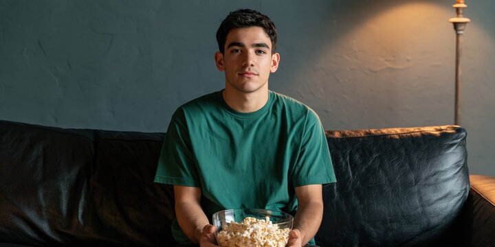 Young man watching movie at home with bowl of popcorn on couch for cozy cinema night poster and living room background