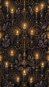 Seamless gothic occult pattern with glowing candles, pentagrams and crystals