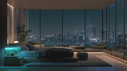 Fototapeta premium Luxury modern penthouse apartment bedroom interior at night featuring panoramic floor to ceiling city skyline view illumination sleek minimalist furniture aquarium lighting ambient home architecture
