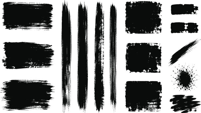Black dry roller ink set with horizontal bars, upright strokes, and square swatches. Rough grunge texture with frayed edges. Textured vector elements for text highlighting or promotional callout