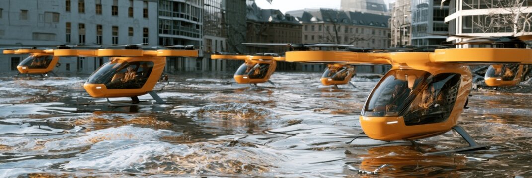 Multiple eVTOL aircraft are deployed in a city affected by flooding, assisting in emergency evacuation and humanitarian tasks.