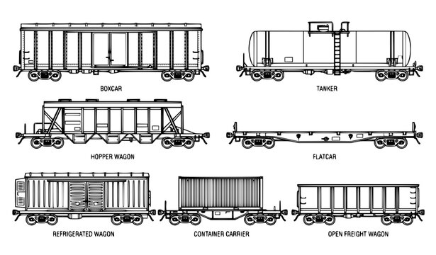 Cargo Railway Wagon and Freight Train Outline Vector Set