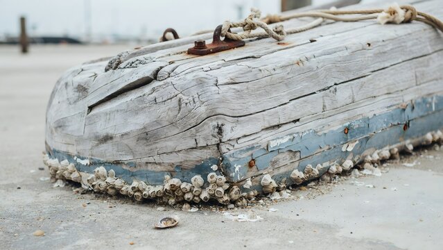 Old weathered boat resting on sandy beach with barnacles in a coastal setting