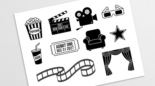 Vintage movie night icon set, classic cinema equipment vectors, black and white film studio elements