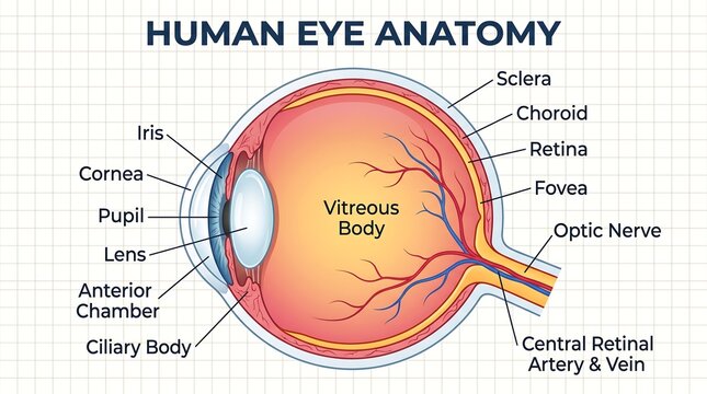 Human eye anatomy cross section medical diagram, detailed eyeball structure poster, educational scientific vision infographic