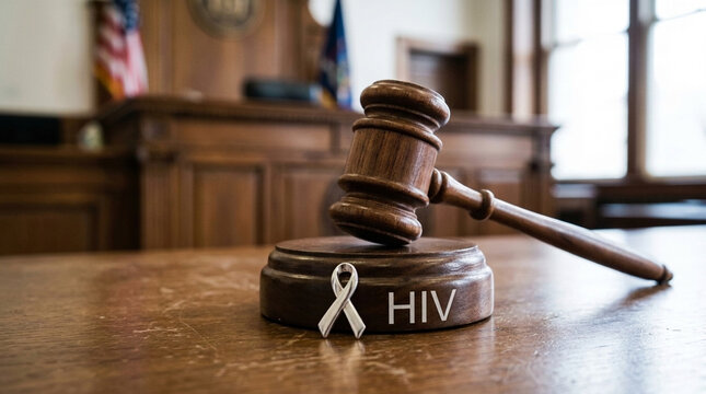 Gavel with HIV Ribbon in Courtroom Legal Justice for AIDS Awareness and Rights