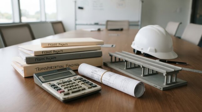Project folders, calculator, engineering drawings, overpass model, and construction helmet symbolizing infrastructure funding and capital planning.