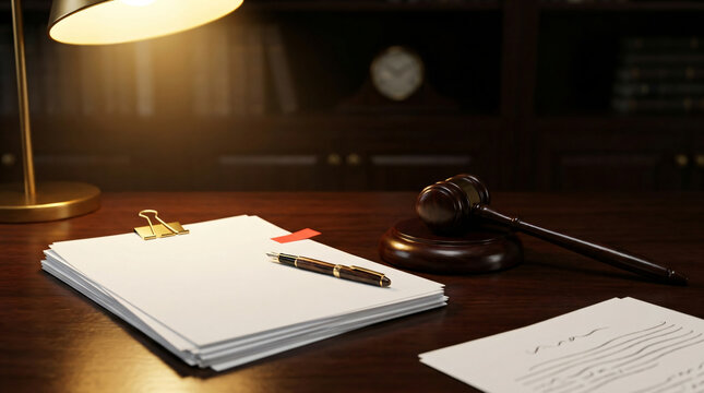 Professional wooden desk in law office featuring a wooden judge gavel, a stack of legal documents with a golden binder clip, fountain pen, and warm desk lamp illumination in a dark library room