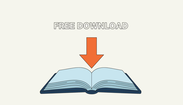 Clear illustration of an orange arrow pointing downwards into an open book, symbolizing a free download or access to knowledge.