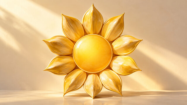 Solar plexus chakra background with a golden sun flower sculpture in soft warm light. Confidence, personal power and radiant energy concept for meditation, yoga, motivation and spiritual wellness.
