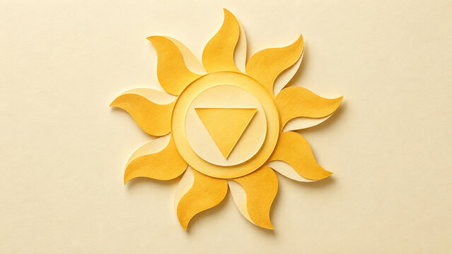Solar plexus chakra paper art with a golden sun and triangle center on cream. Confidence, vitality and personal power concept for meditation backgrounds, yoga studio decor and spiritual wellness.