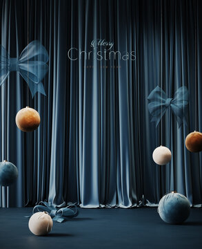 Christmas greeting card design. Blue velvet stage curtains with Christmas decoration and copy space. 3D Rendering, 3D Illustration