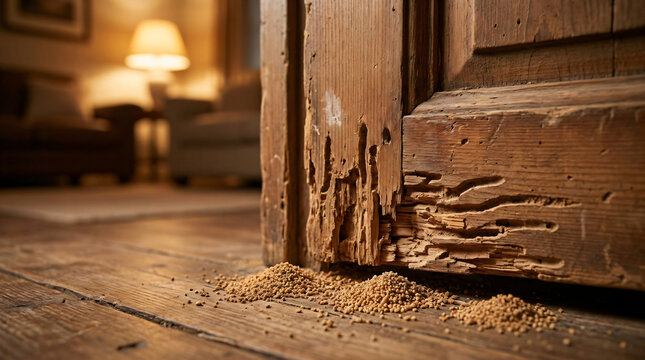 Severe termite damage on a wooden door frame with piles of frass pellets on the floorboards, showing hollowed timber and pest infestation inside a residential home, close-up interior view.