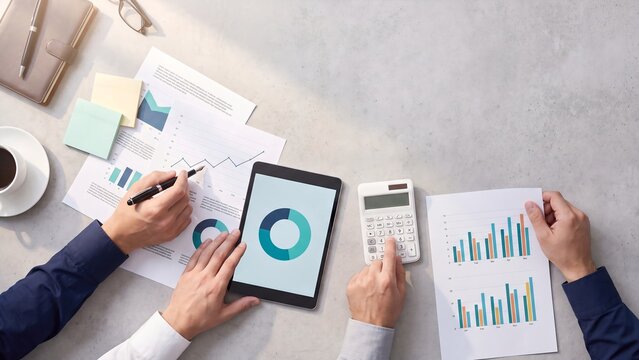 Financial analysis flat lay, top view of hands with pen, tablet, calculator and chart reports on grey concrete desk. Business data review, accounting, budget planning with copy space