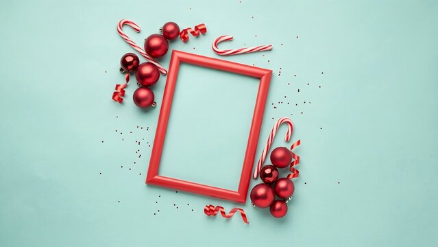 Festive christmas decorations with empty red frame on light blue background