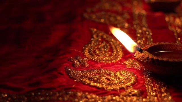 Close up of a traditional glowing Indian oil lamp (diya) on rich red and gold embroidered fabric for Diwali festival