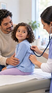 Pediatrician examining young girl with stethoscope as her father comforts her in clinic. Child healthcare and routine medical checkup. Family support and pediatric wellness. Preventive care