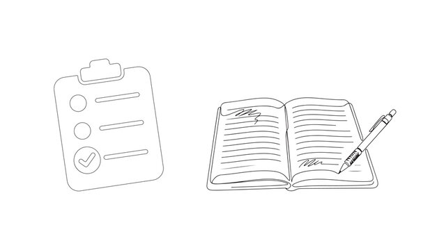 Doodle style line art icons of a clipboard checklist and open notebook with pen, to do list
