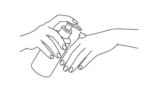 Hands applying lotion from a pump bottle onto skin in simple line art with skin care