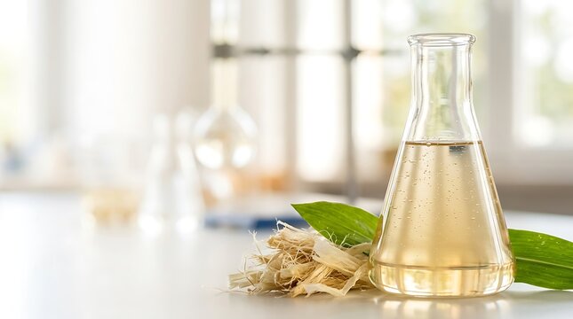 Glass erlenmeyer flask with herbal extract liquid and plant roots for