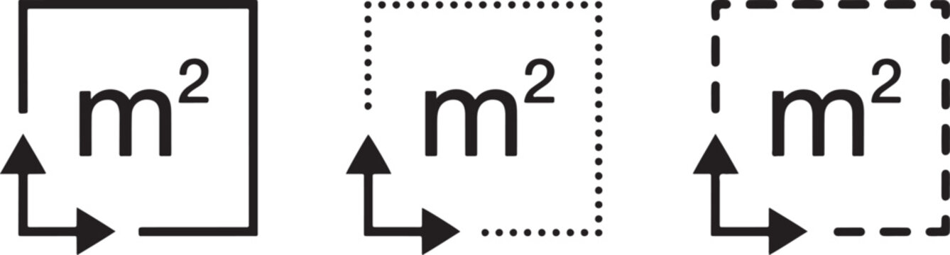 Three square meter area icons with solid, dotted, and dashed border lines, featuring black m2 text and directional arrows on a white background
