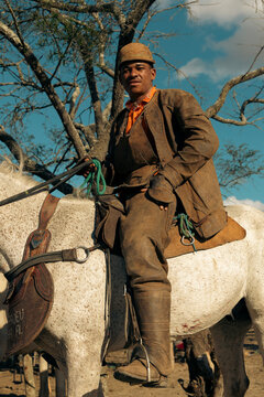 Traditional Brazilian Cowboy Wearing Gib&atilde;o, a Protective Leather Suit Used Against the Thorns of the Caatinga, Preserving Rural Traditions in Northeast Brazil