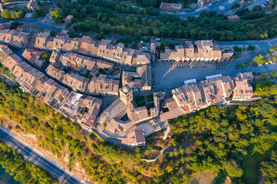 Aerial view above medieval village of Ainsa and castle in Spanish Pyrenees, Huesca, Spain