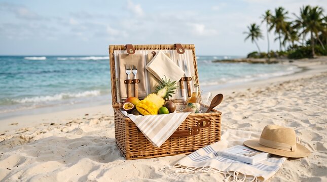picnic on the beach with wicker basket and tropical fruit