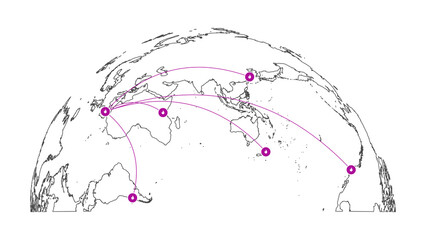 Global Travel Routes Concept with Pink Flight Paths and Location Markers on Outline Globe Showing Asia and Australia © arsalan