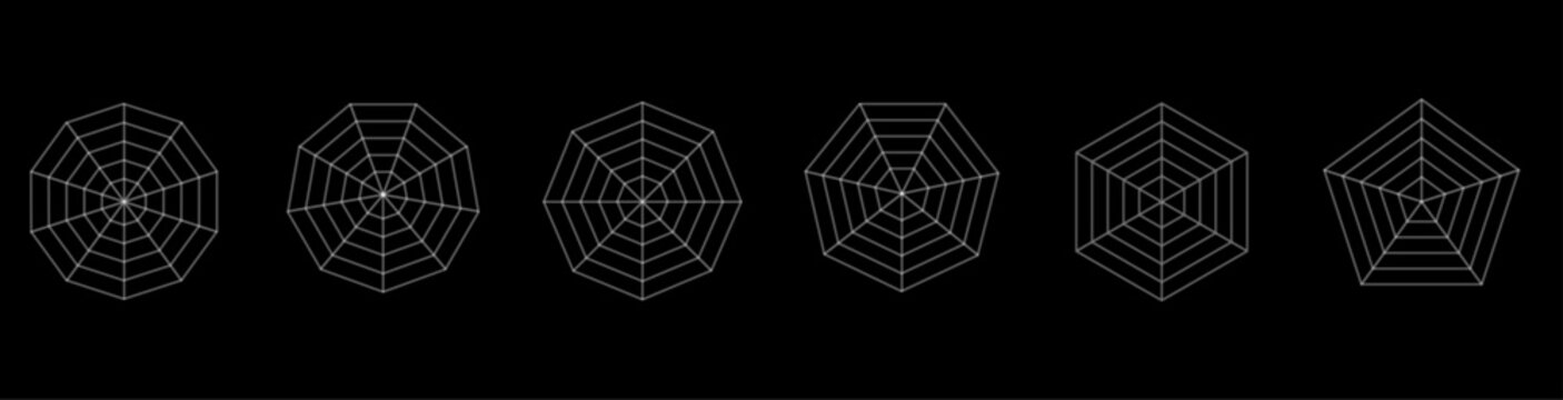 Radar or spider diagram template. Pentagon, Hexagon, Heptagon, Octagon, Nonagon, Decagon. Flat spider mesh. Blank radar charts.