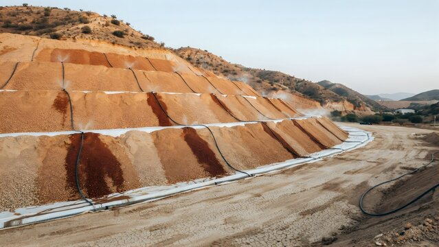 Open-pit mining site with terraced deposits and earth-moving equipment in landscape