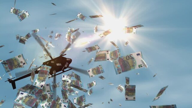 European money Euro banknotes helicopter money dropping. EU 20 EUR notes abstract 3d concept of inflation, money printing, finance, economy, crisis and quantitative easing.