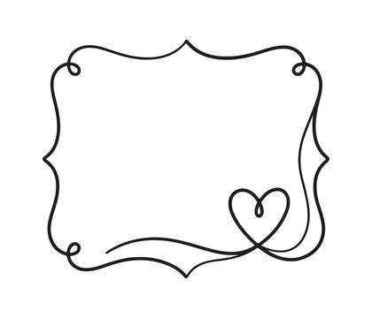 Black thin line decorative frame with a hand drawn heart isolated on white background