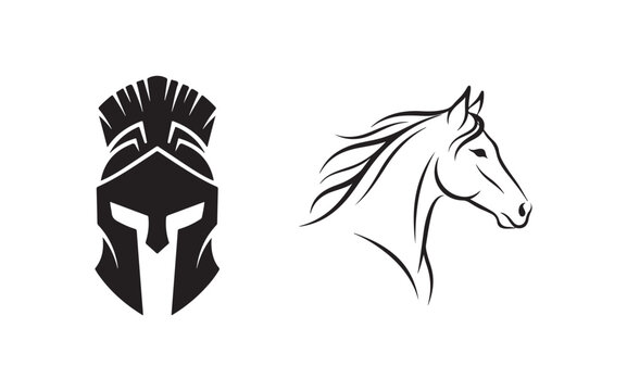 Black silhouette icons of a spartan helmet and a horse head isolated on white background