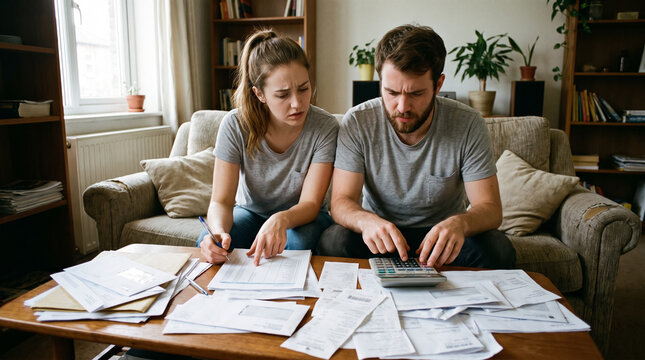 Stressed young couple calculating home budget and managing unpaid bills on living room couch. Concept of financial stress, debt, family budget, worried couple, economic crisis.