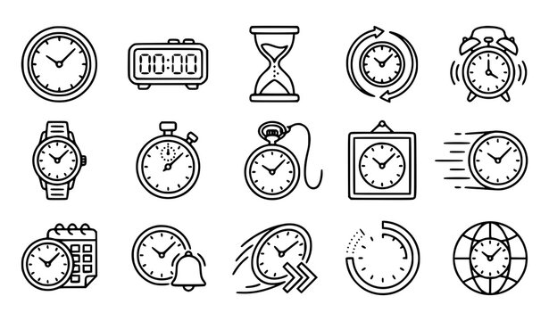 Modern time and clock outline icon collection with alarm timer watch calendar and schedule symbols
