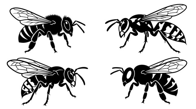 Black and white honey bee and wasp vector collection, detailed insect silhouettes set, honeybee and hornet illustration for logo design