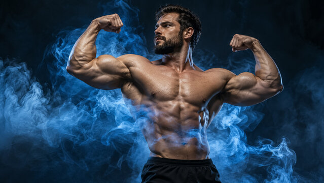 Powerful muscular bodybuilder flexing biceps in blue energy smoke on dark background. Concept of muscular man, fitness, muscle.