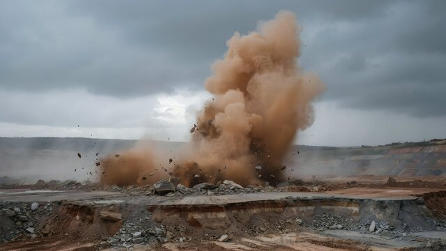Explosive Blast in Open Mining Site with Dust and Debris in Stormy Weather