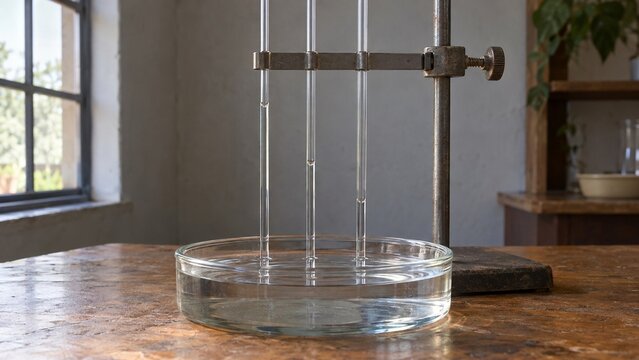 three glass tubes hang from a metal clamp, positioned above a clear glass petri dish containing liquid, set on a brown wooden table