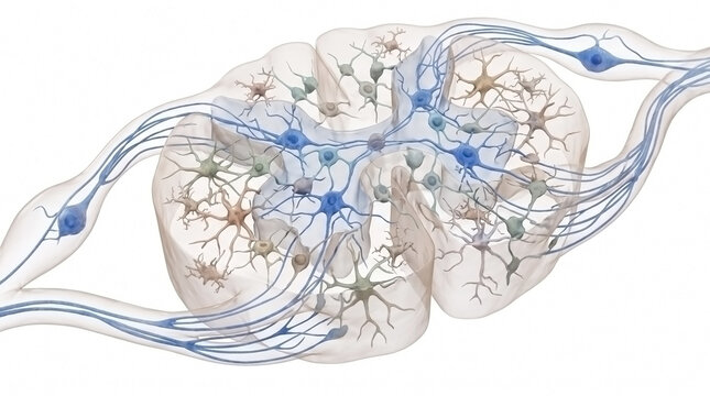 Conceptual illustration of neural network communication within the spinal cord cross section with nerve impulses