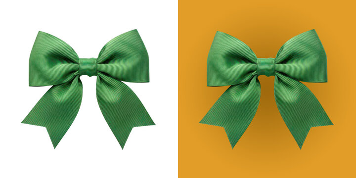 Elegant green fabric bow tied with silk ribbon for festive gift decoration