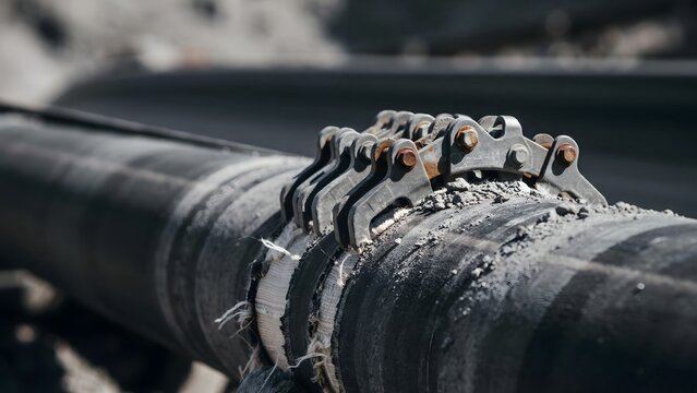 Close-up of Mechanical Pipe Clamp Securing Large Industrial Pipe
